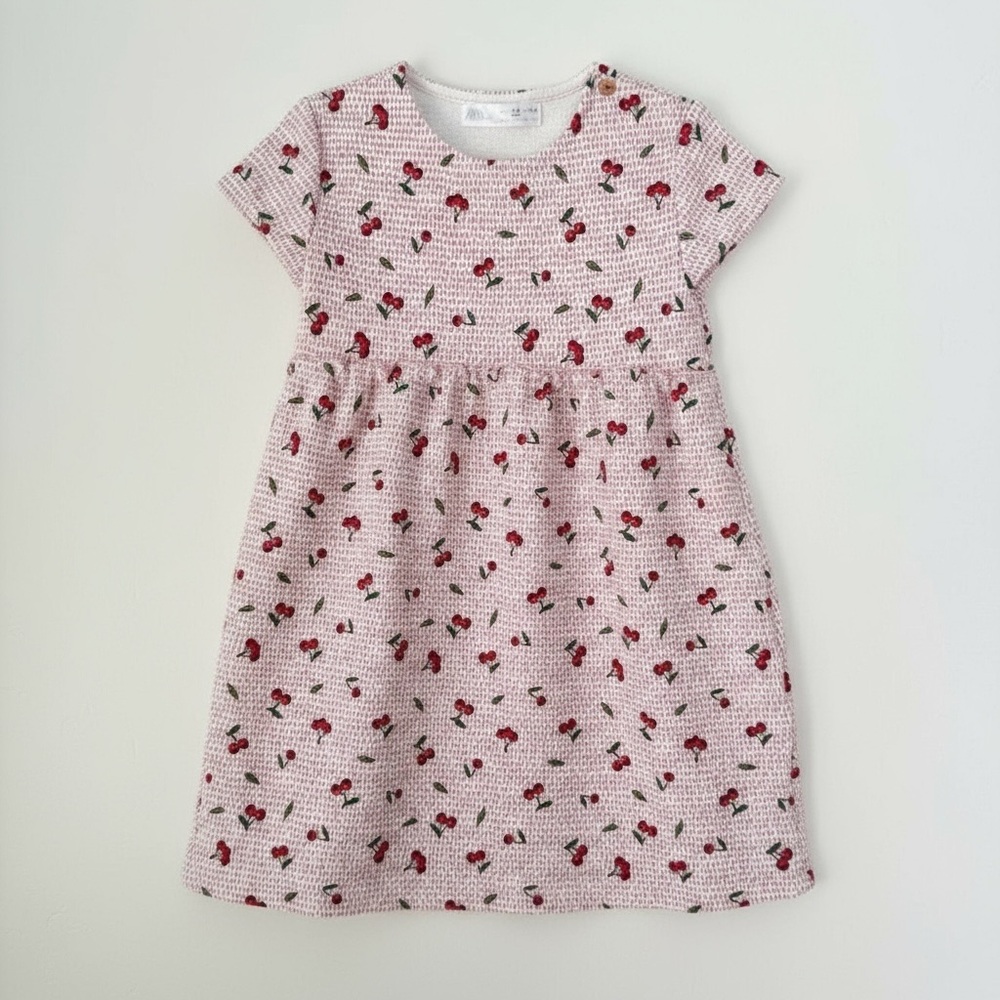 Zara Girls Cherry Print Jacquard Knit Dress Light Pink Red 4-5Y